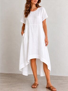 Bryn Walker White 100% Linen Midi Dress Oversized Lagenlook USA Made XXS